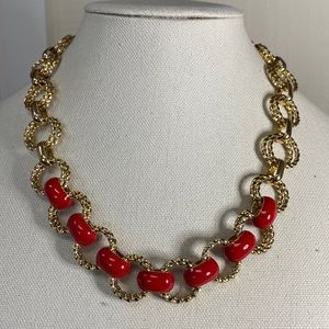 Talbots twisted double circle Goldtone & red accent bead necklace